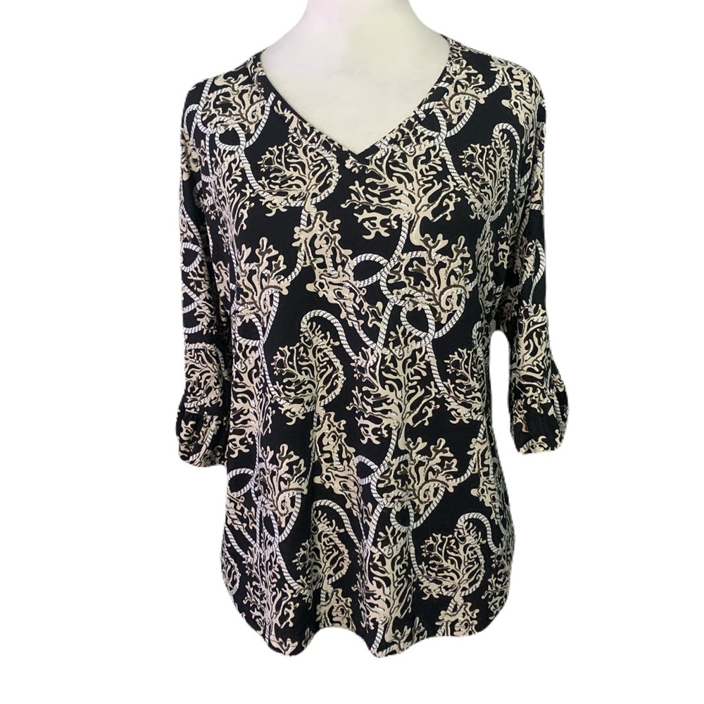 Lulu-B Womenโs Small Black Cream Coral Rope Print 3/4 Sleeve V Neck Top Coastal